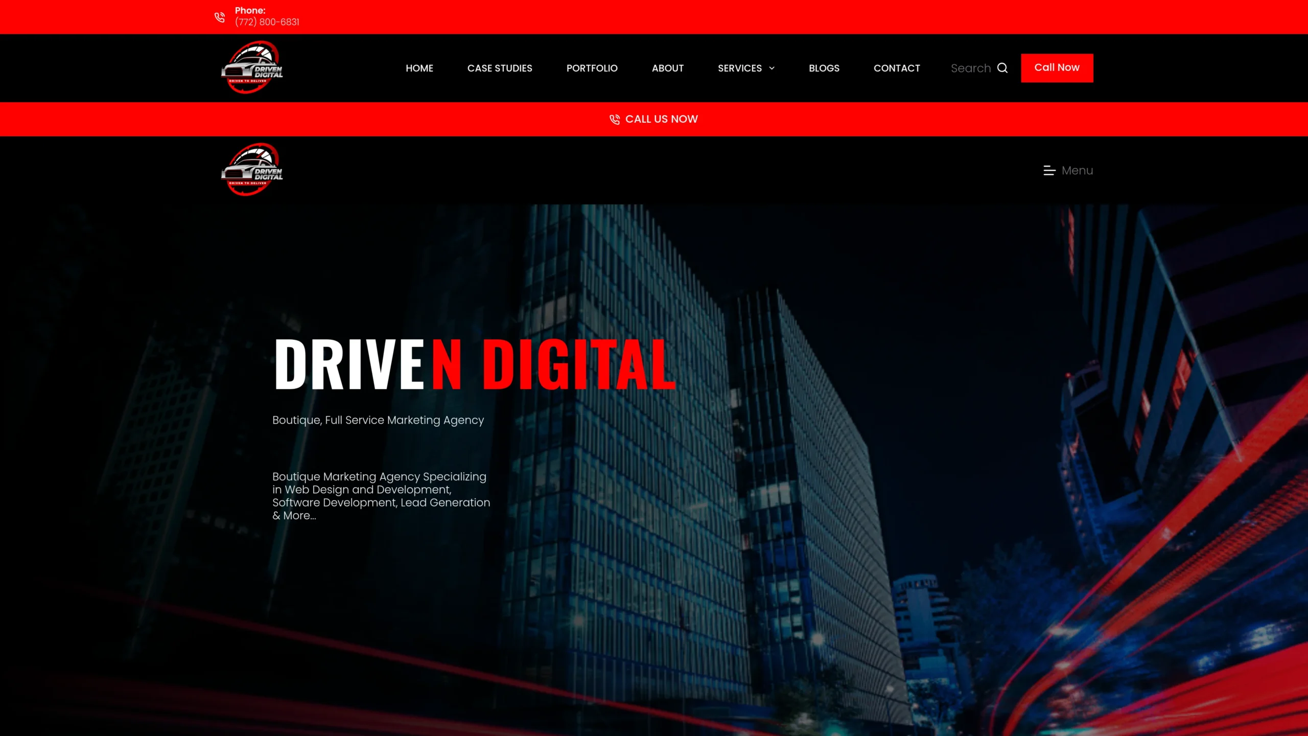 Driven Digital homepage screenshot showing boutique marketing agency services for web design, software development, and lead generation.