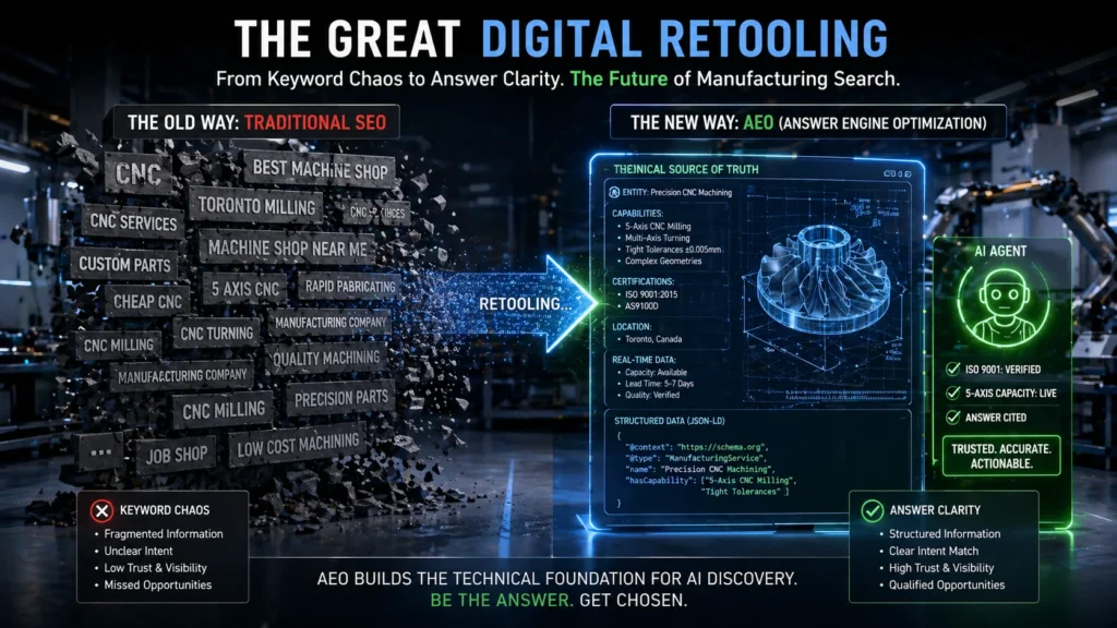 A dynamic visual showing the transition from traditional keyword SEO to structured AEO for manufacturers, highlighting AI agents citing a technical source of truth for manufacturing capabilities.