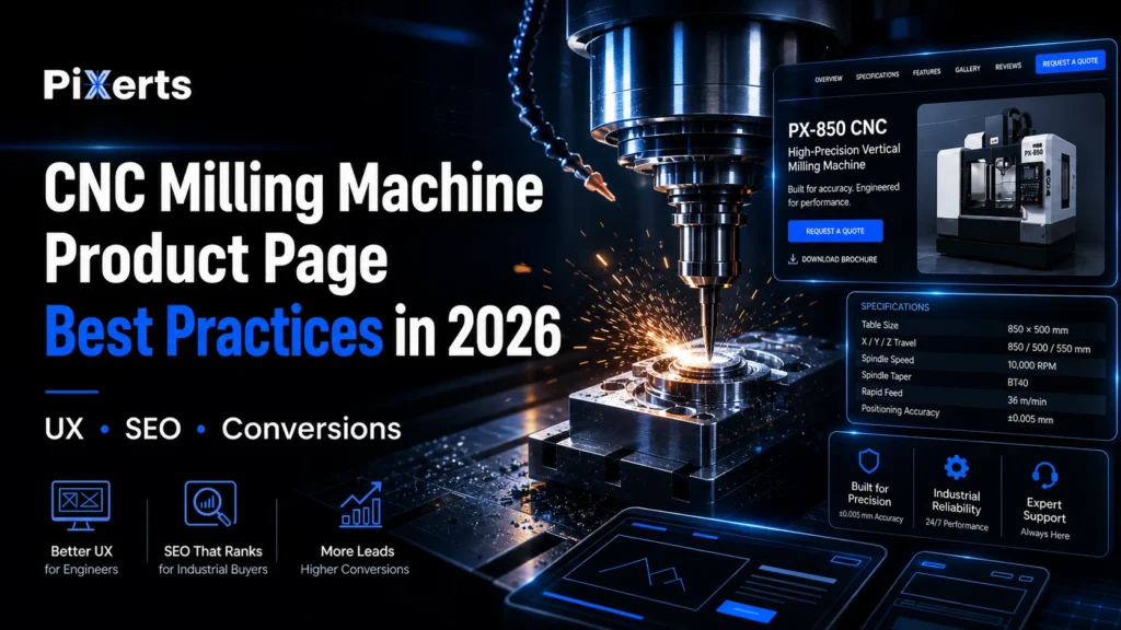 CNC milling machine product page design thumbnail showing Pixerts logo, CNC machining, UX, SEO, and conversion-focused website elements.