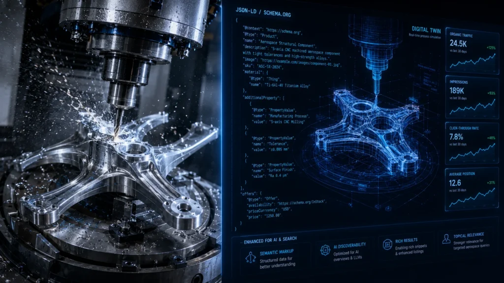 SEO for the Manufacturing Industry visualization featuring a 5-axis CNC machining process, aerospace component production, digital twin CAD model, JSON-LD structured data, AI-ready schema markup, SEO analytics dashboard, and industrial web technology interface in a futuristic cyber-industrial environment.