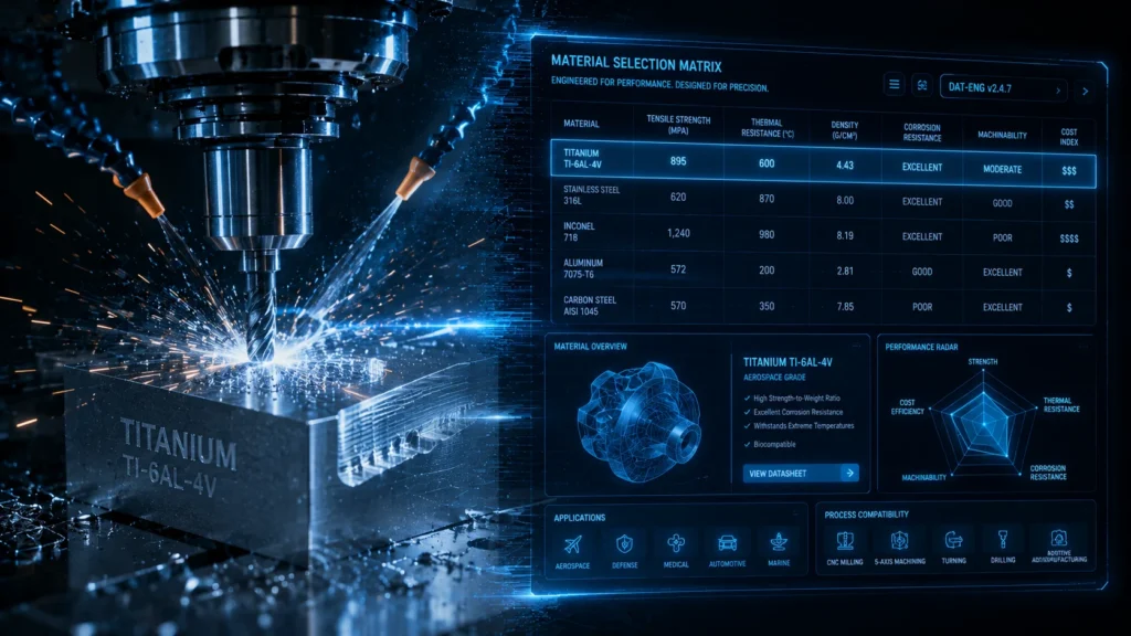 A cinematic, high-contrast, split-screen composition. On the left side, a macro-photograph of a glowing, high-precision CNC web design end-mill cutting into a block of raw Titanium, with sparks and coolant visible, representing physical industrial power. On the right side, seamlessly blending into the metal, a glowing, futuristic digital UI dashboard (in dark blue and neon cyan) showing a "Material Selection Matrix" with data points for Tensile Strength and Thermal Resistance. The overall aesthetic should be "Precision B2B Engineering," communicating the fusion of heavy machinery and advanced digital web design.