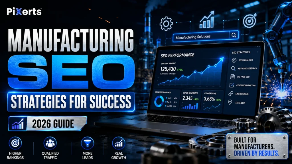 Manufacturing SEO agencies strategies for success with industrial SEO growth, data-driven results, targeted strategies, and Pixerts branding.