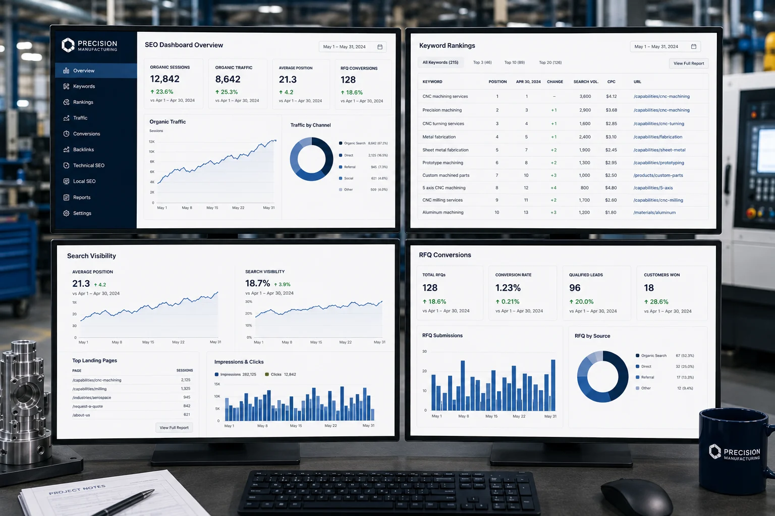 Manufacturing SEO dashboard showing Google rankings and organic traffic growth of How Can Manufacturers Rank on Google.