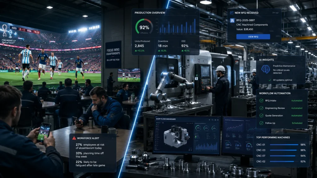 Ultra-realistic modern industrial manufacturing facility during the FIFA World Cup, split-scene composition. Left side shows large football stadium lights and giant digital screen broadcasting a major international soccer match while factory workers glance at smartphones and cafeteria TVs. Right side shows advanced CNC machining centers, robotic automation, collaborative robots, engineers operating machinery, and digital manufacturing dashboards continuing production without interruption. Include floating UI elements showing RFQ notifications, productivity metrics, AI analytics, and manufacturing workflow automation.