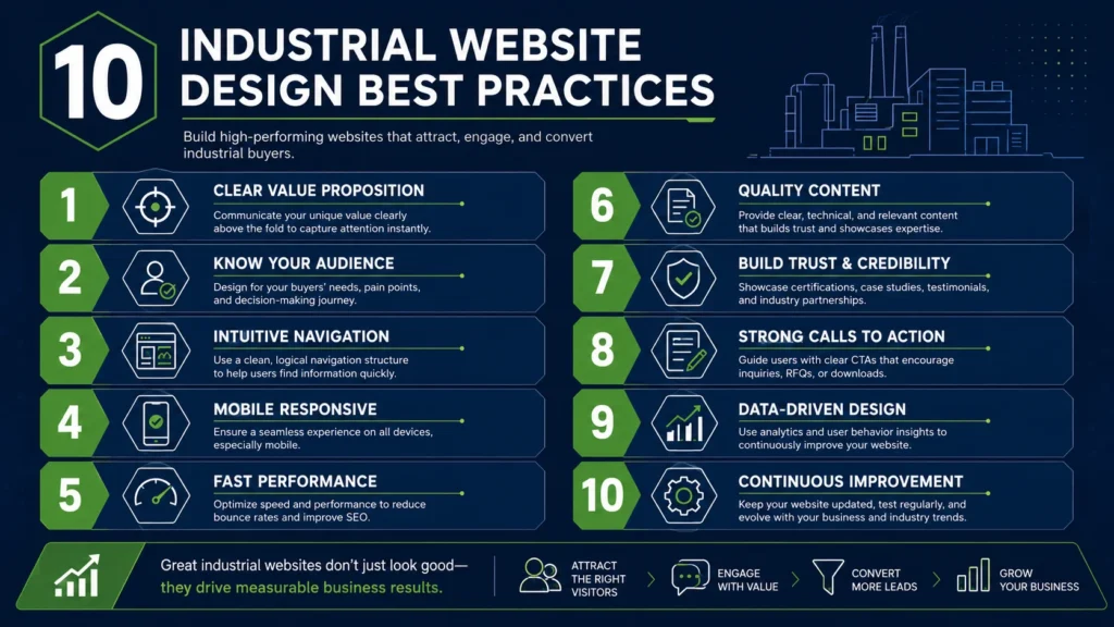 Infographic listing 10 industrial website design best practices for manufacturing companies, including 8px grid system, RFQ funnel optimization, Core Web Vitals compliance, and AEO-ready content architecture