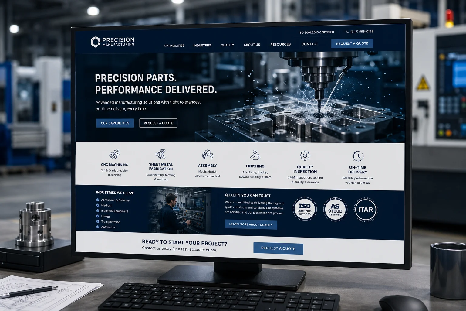 Manufacturing website homepage featuring capability pages and RFQ call-to-action.
