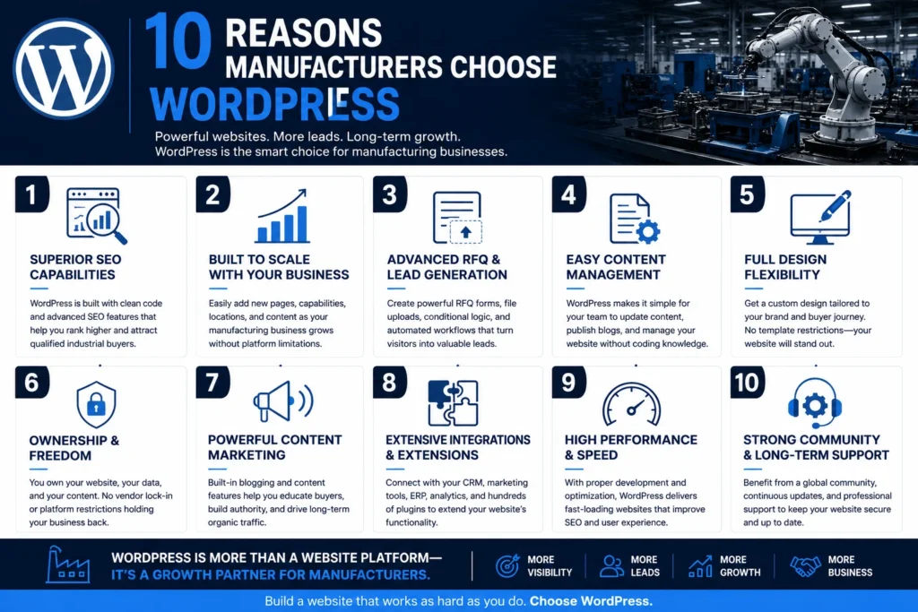 Top reasons why manufacturers should choose WordPress for their websites.