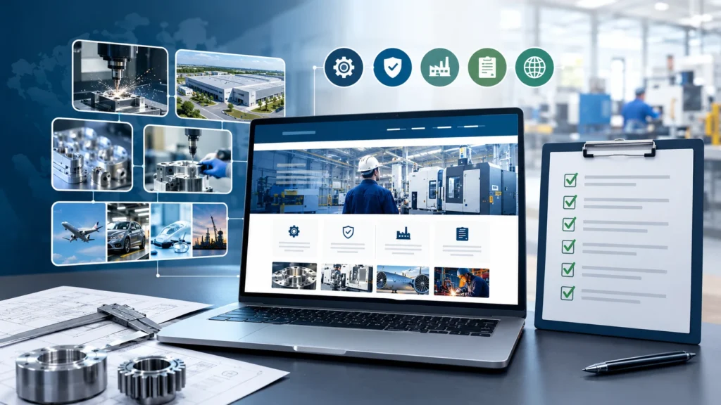 What should a manufacturing website include checklist with industrial website design, manufacturing website features, RFQ workflow, and factory capability visuals
