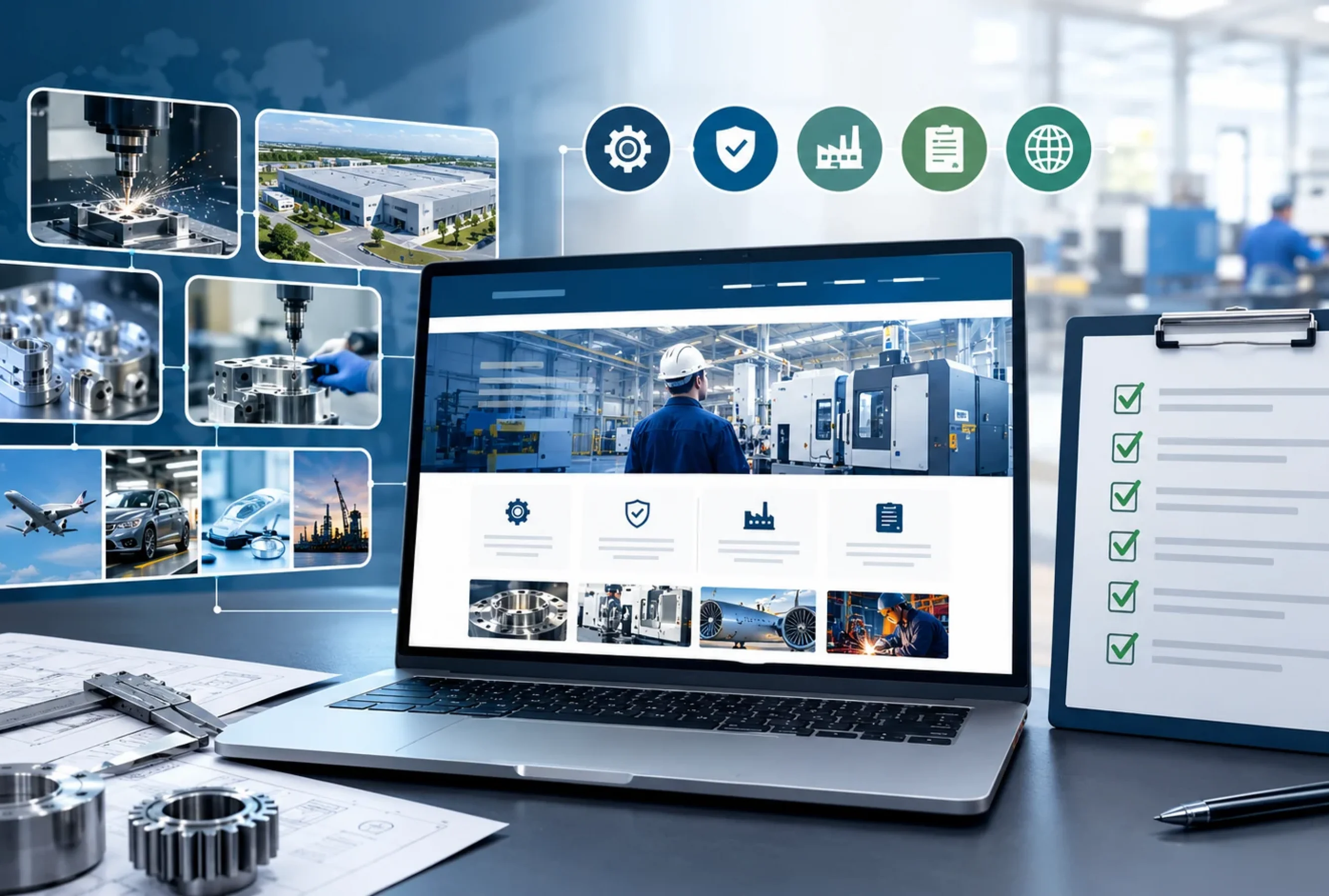 What should a manufacturing website include checklist with industrial website design, manufacturing website features, RFQ workflow, and factory capability visuals