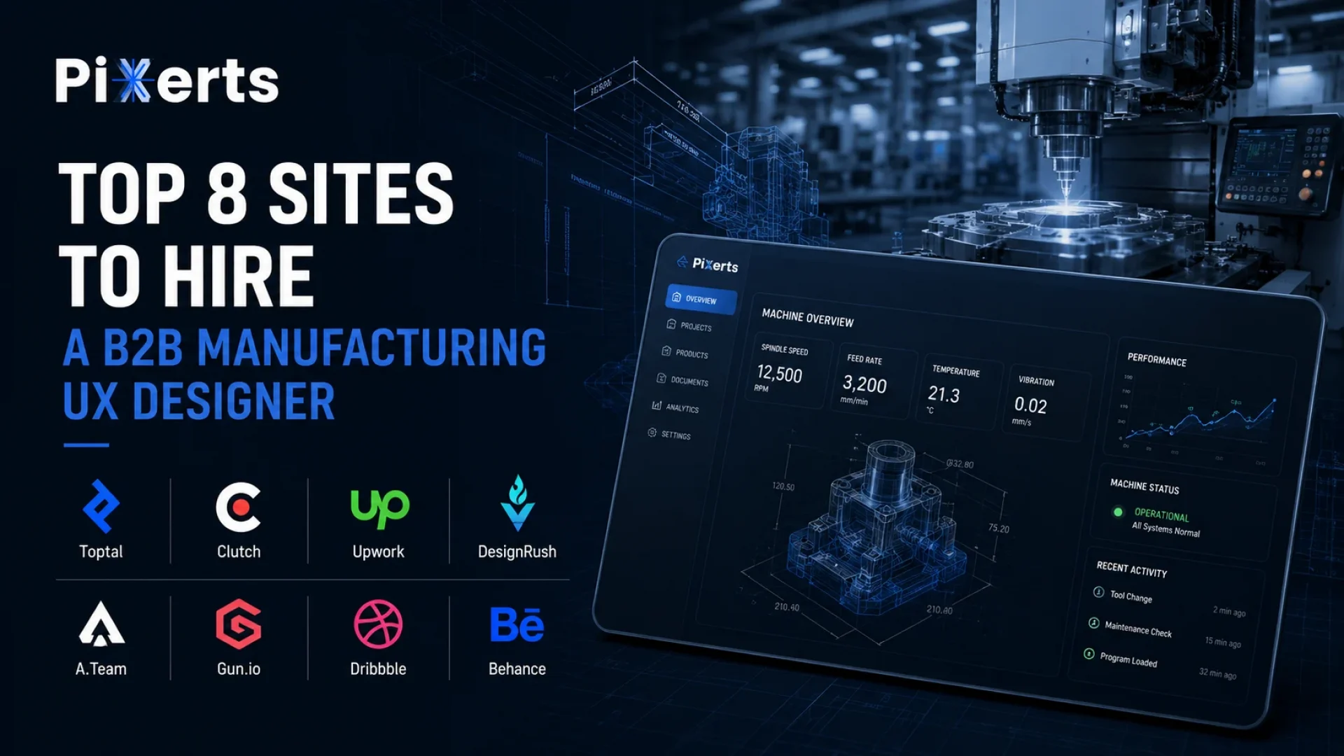 Top 8 best Sites to Hire a UX Designer for Manufacturing Websites — industrial-themed feature graphic by Pixerts showing a dark blue high-tech factory environment with a CNC machine, digital manufacturing dashboard UI, CAD wireframe overlays, and marketplace logos including Toptal, Clutch, Upwork, DesignRush, A.Team, Gun.io, Dribbble, and Behance. The design uses a clean B2B industrial aesthetic with bold typography and engineering-focused interface visuals.