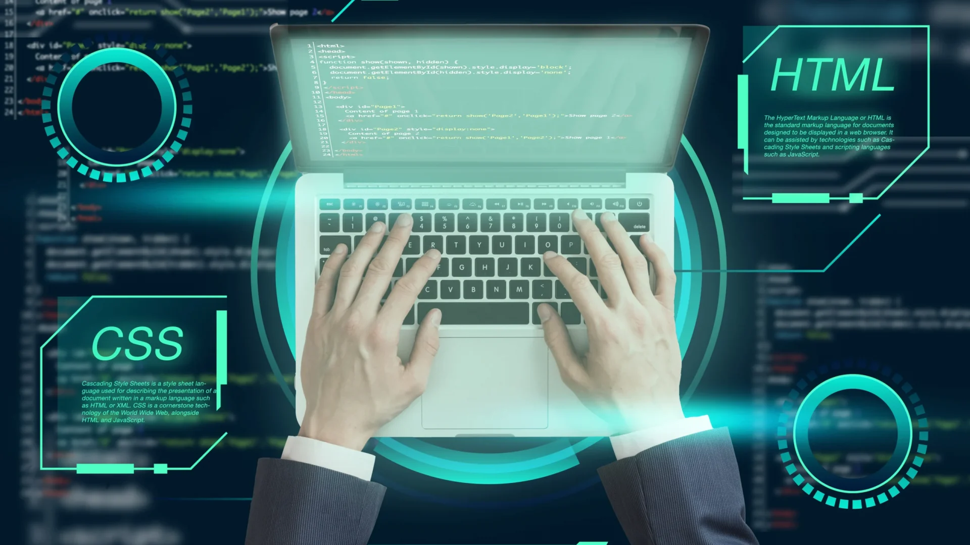 Developer's hands on a laptop keyboard with floating HTML and CSS graphics for industrial web development.