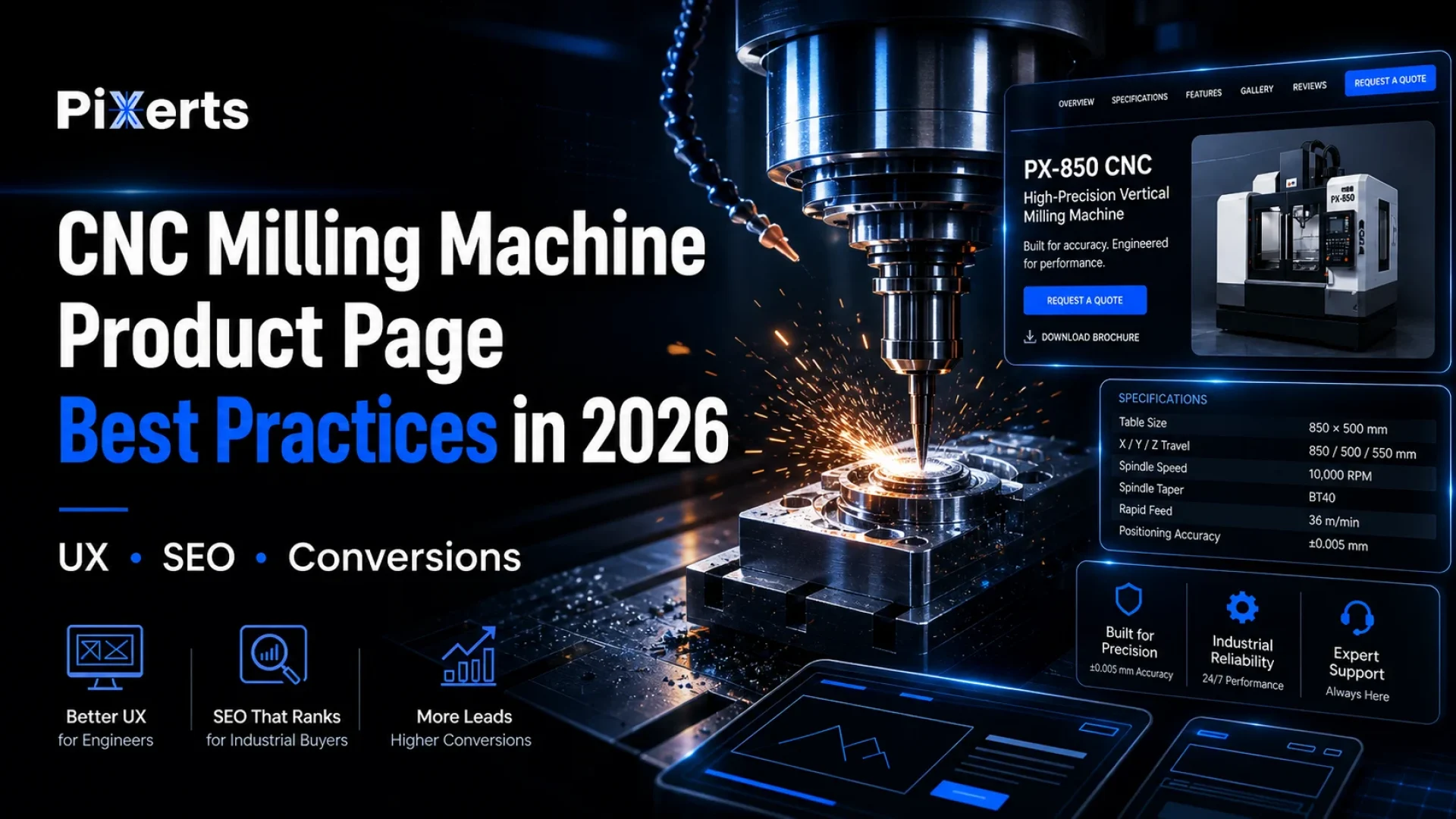 CNC milling machine product page design thumbnail showing Pixerts logo, CNC machining, UX, SEO, and conversion-focused website elements.