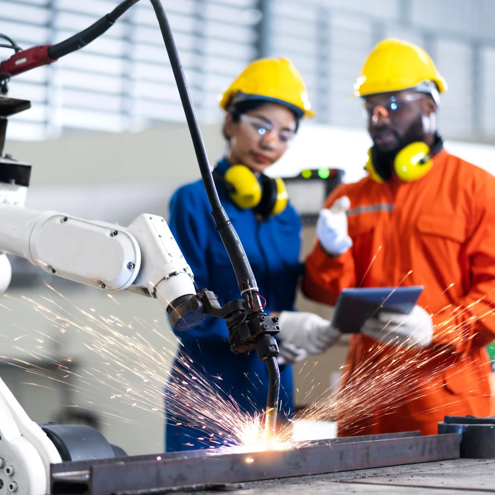 Specialized engineers monitoring a high-precision industrial robotic welding arm in a smart manufacturing facility.