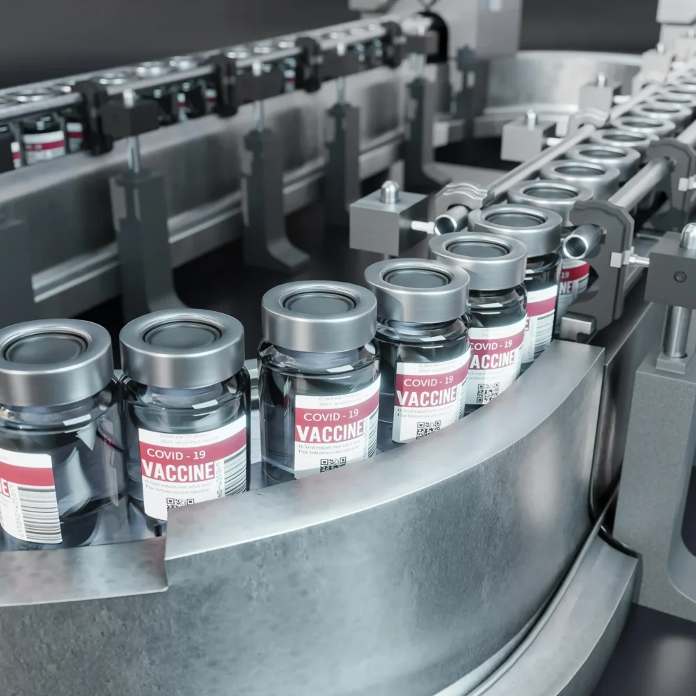 Automated medical-grade plastic molding production line for vaccine vials, meeting high-compliance healthcare standards.