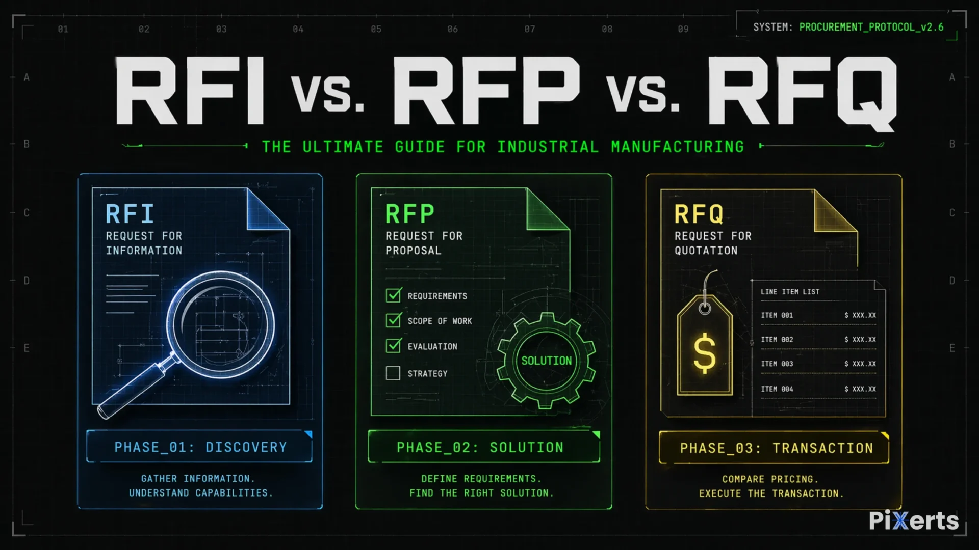 Technical comparison infographic of RFI, RFP, and RFQ document workflows for industrial manufacturing procurement, featuring three phases: Discovery, Solution, and Transaction, designed in a high-contrast dark mode grid. RFI vs RFP vs RFQ