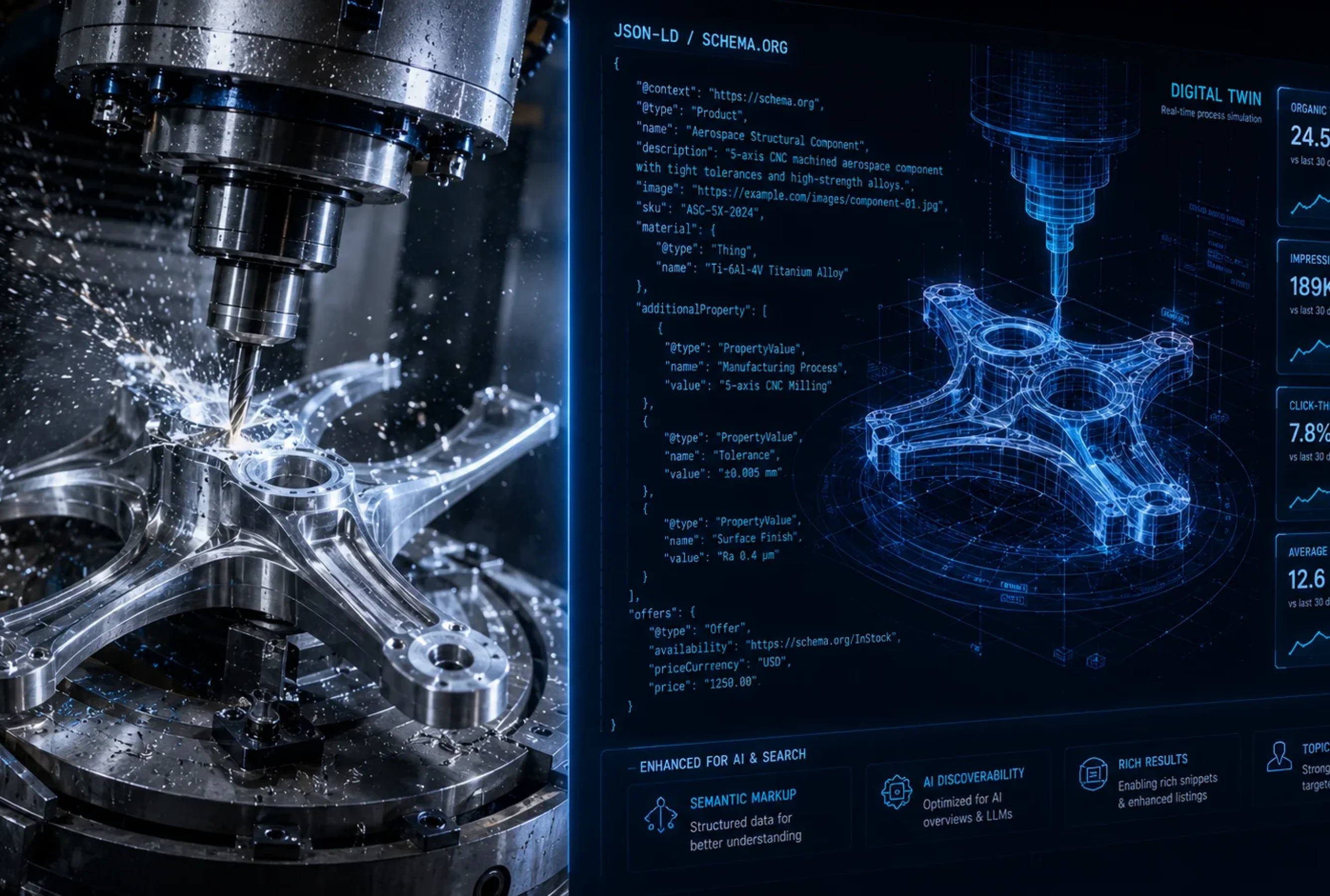 SEO for the Manufacturing Industry visualization featuring a 5-axis CNC machining process, aerospace component production, digital twin CAD model, JSON-LD structured data, AI-ready schema markup, SEO analytics dashboard, and industrial web technology interface in a futuristic cyber-industrial environment.