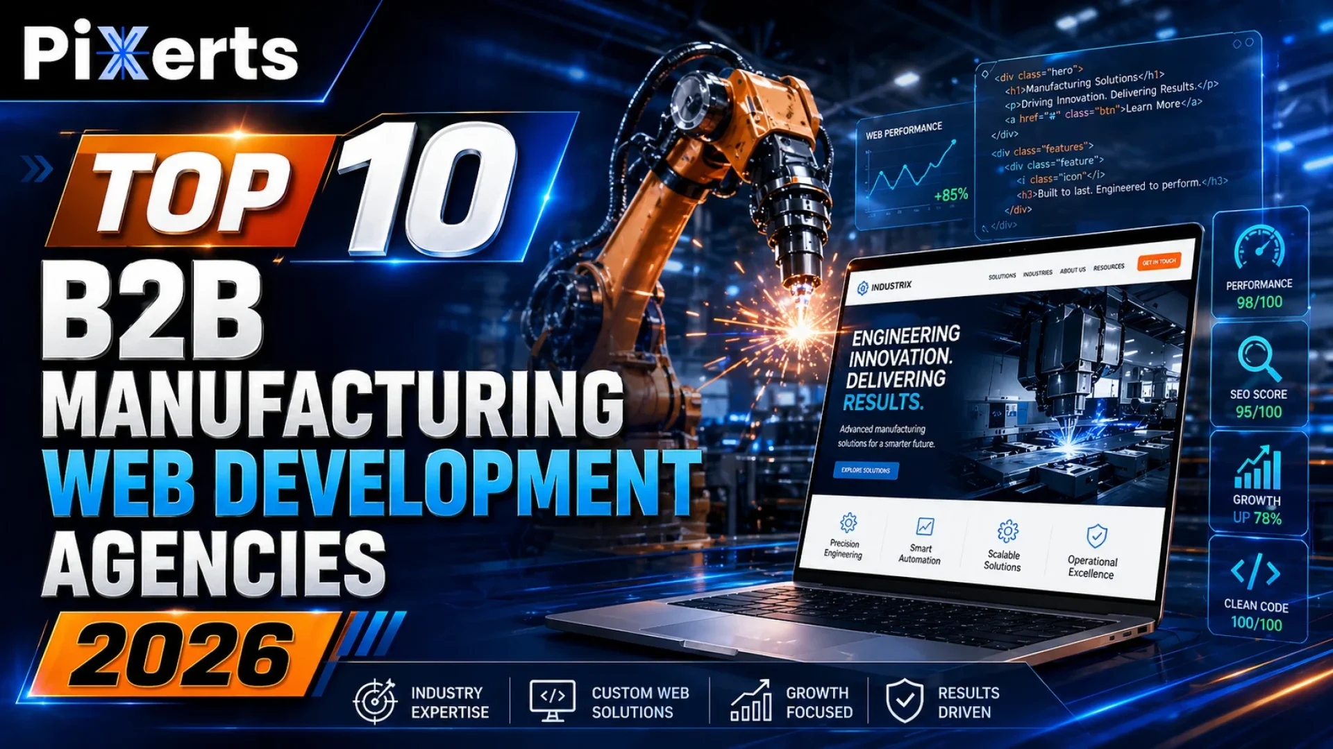 Top 10 B2B manufacturing web development agencies 2026 thumbnail with Pixerts logo, industrial robot, manufacturing website design, and web development visuals.