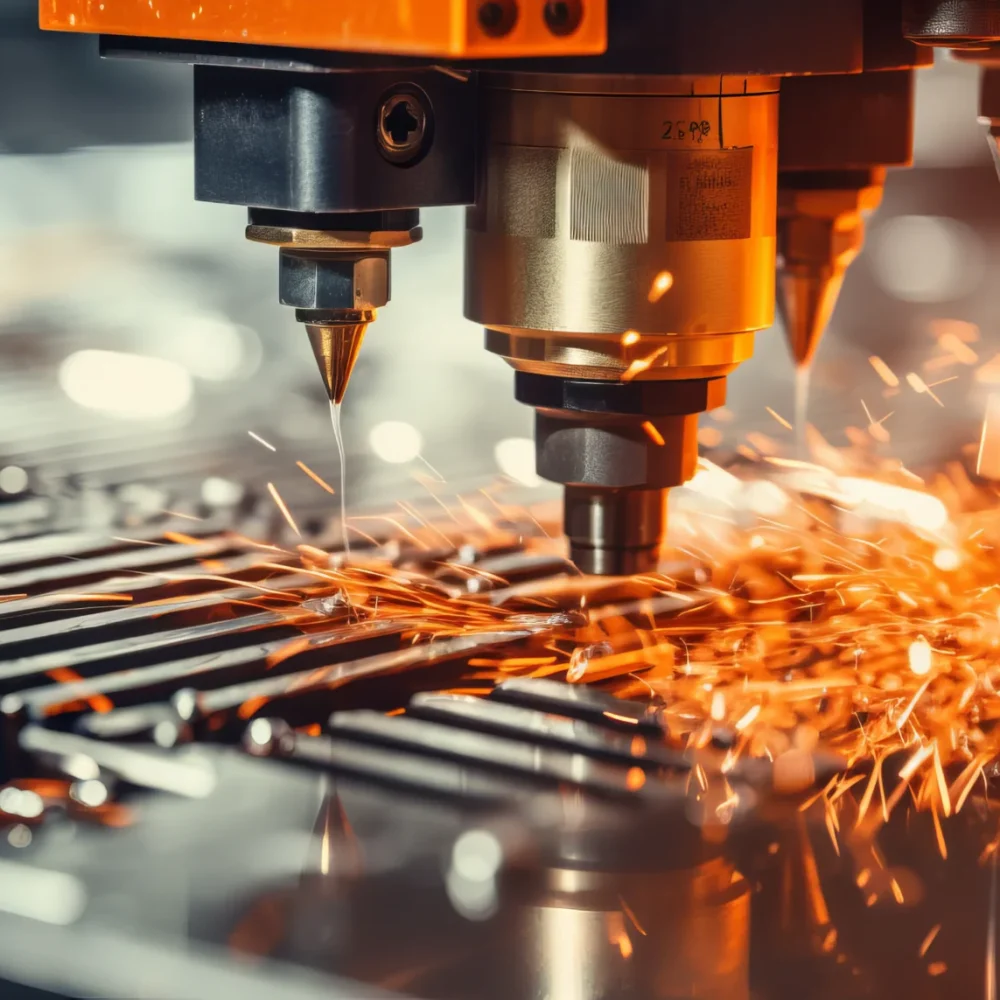 High-precision CNC laser cutting machine in an industrial manufacturing facility, representing B2B industrial web design and manufacturing marketing services.