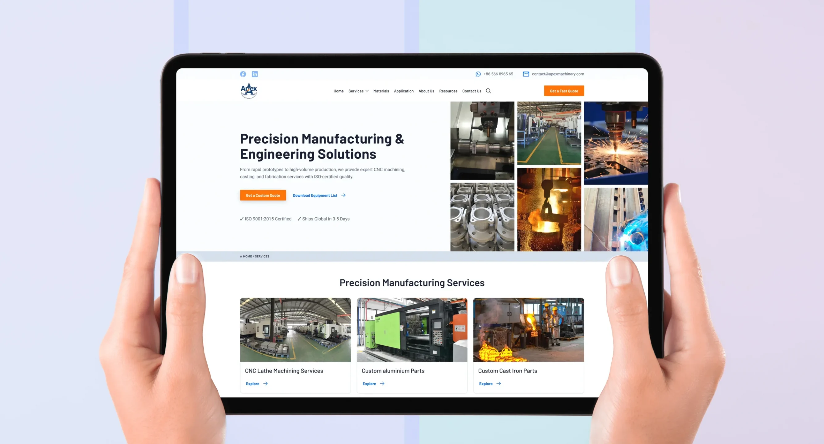 Manufacturing website shown on a tablet