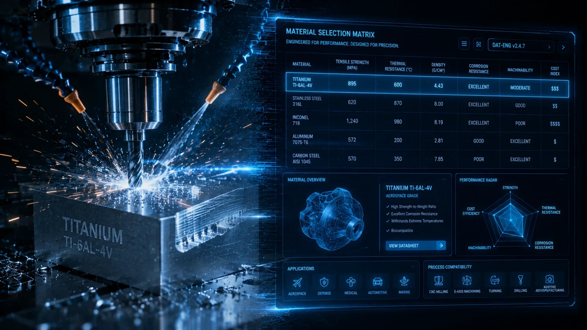 A cinematic, high-contrast, split-screen composition. On the left side, a macro-photograph of a glowing, high-precision CNC web design end-mill cutting into a block of raw Titanium, with sparks and coolant visible, representing physical industrial power. On the right side, seamlessly blending into the metal, a glowing, futuristic digital UI dashboard (in dark blue and neon cyan) showing a "Material Selection Matrix" with data points for Tensile Strength and Thermal Resistance. The overall aesthetic should be "Precision B2B Engineering," communicating the fusion of heavy machinery and advanced digital web design.