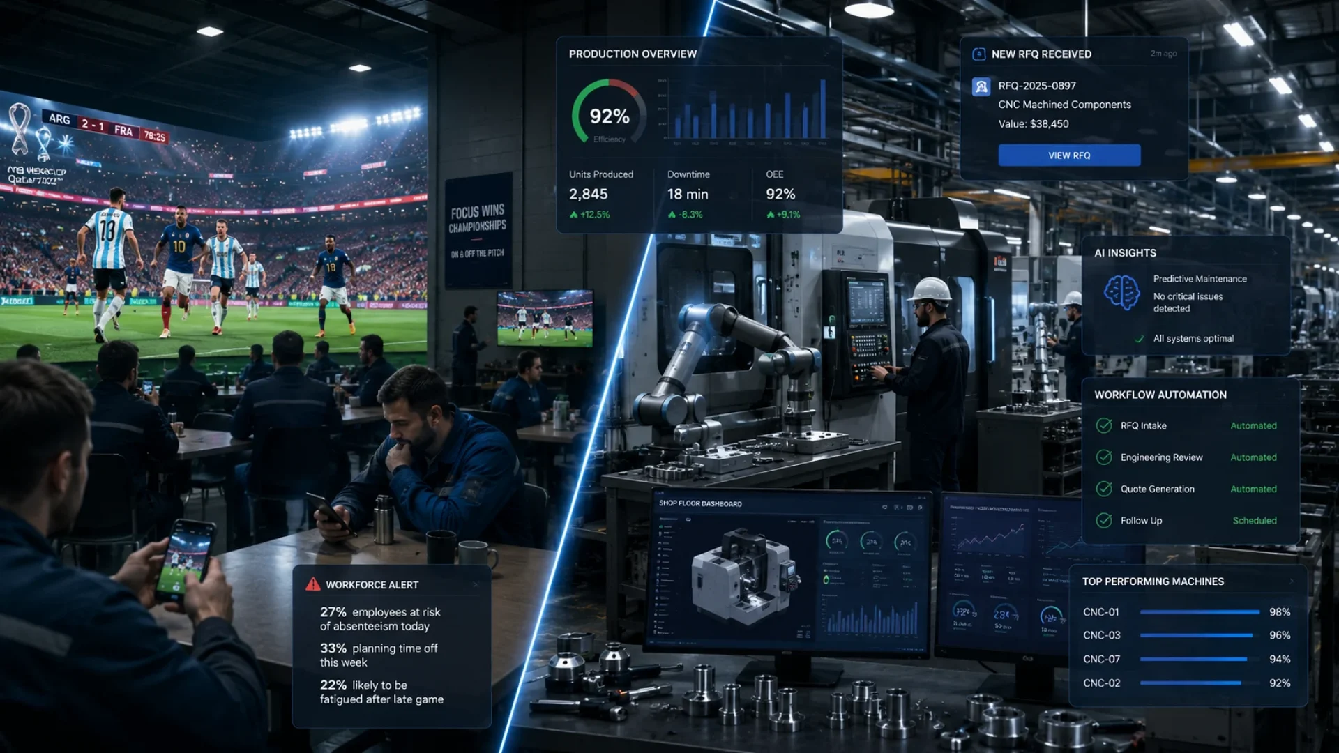 Ultra-realistic modern industrial manufacturing facility during the FIFA World Cup, split-scene composition. Left side shows large football stadium lights and giant digital screen broadcasting a major international soccer match while factory workers glance at smartphones and cafeteria TVs. Right side shows advanced CNC machining centers, robotic automation, collaborative robots, engineers operating machinery, and digital manufacturing dashboards continuing production without interruption. Include floating UI elements showing RFQ notifications, productivity metrics, AI analytics, and manufacturing workflow automation.
