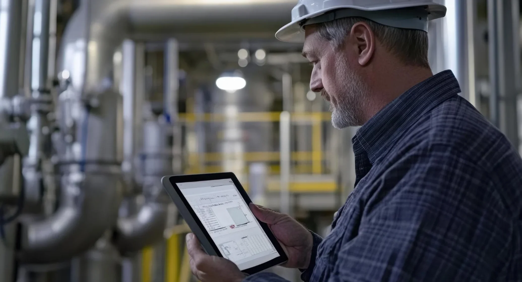 An engineer reviewing technical schematics on a tablet, showcasing industrial web design and manufacturing marketing intelligence provided by Pixerts.