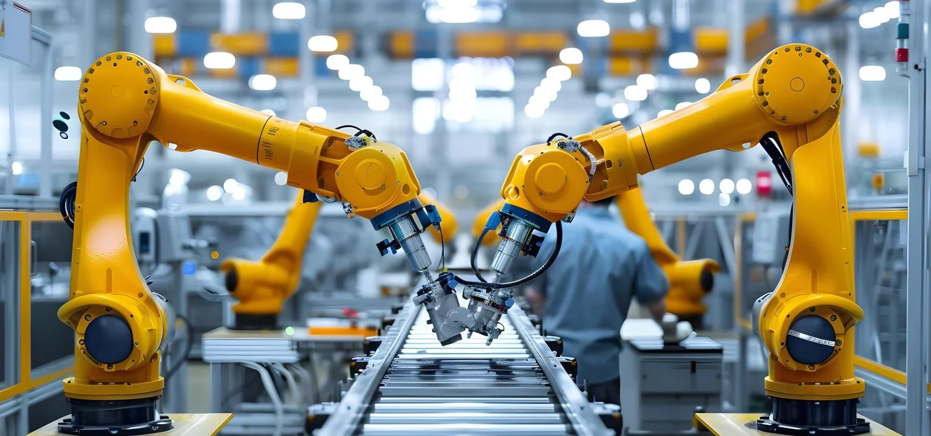 Advanced industrial robotics and automation assembly line representing the high-tech manufacturing sectors Pixerts supports with B2B industrial web design.
