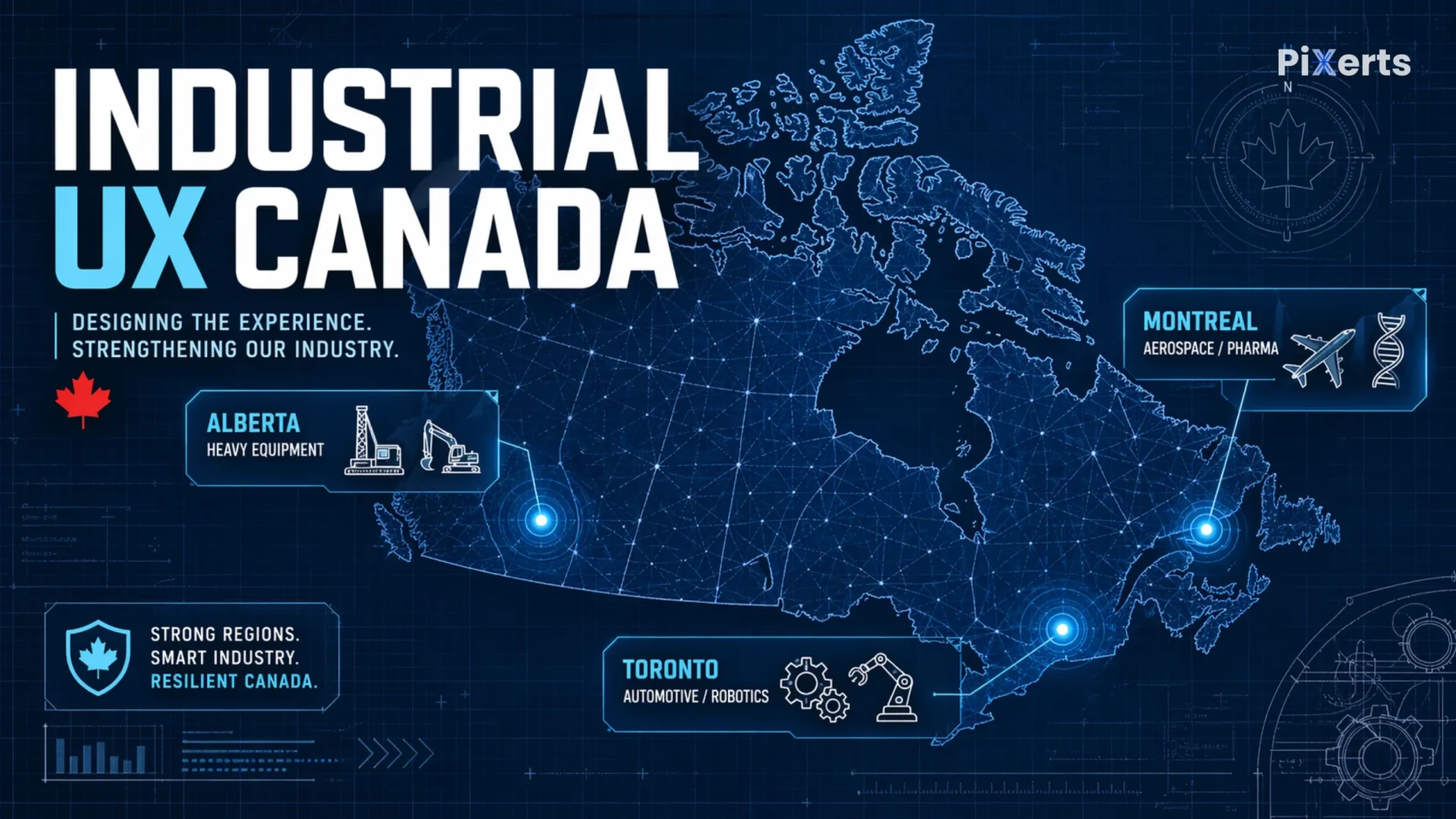Featured image for Pixerts' 10,000-word guide to Industrial UX Canada. Infographic visualizing the reduction of Information Friction for Canadian Industrial Procurement, linking B2B Industrial Web Design to Robotics and CNC machining on the factory floor.