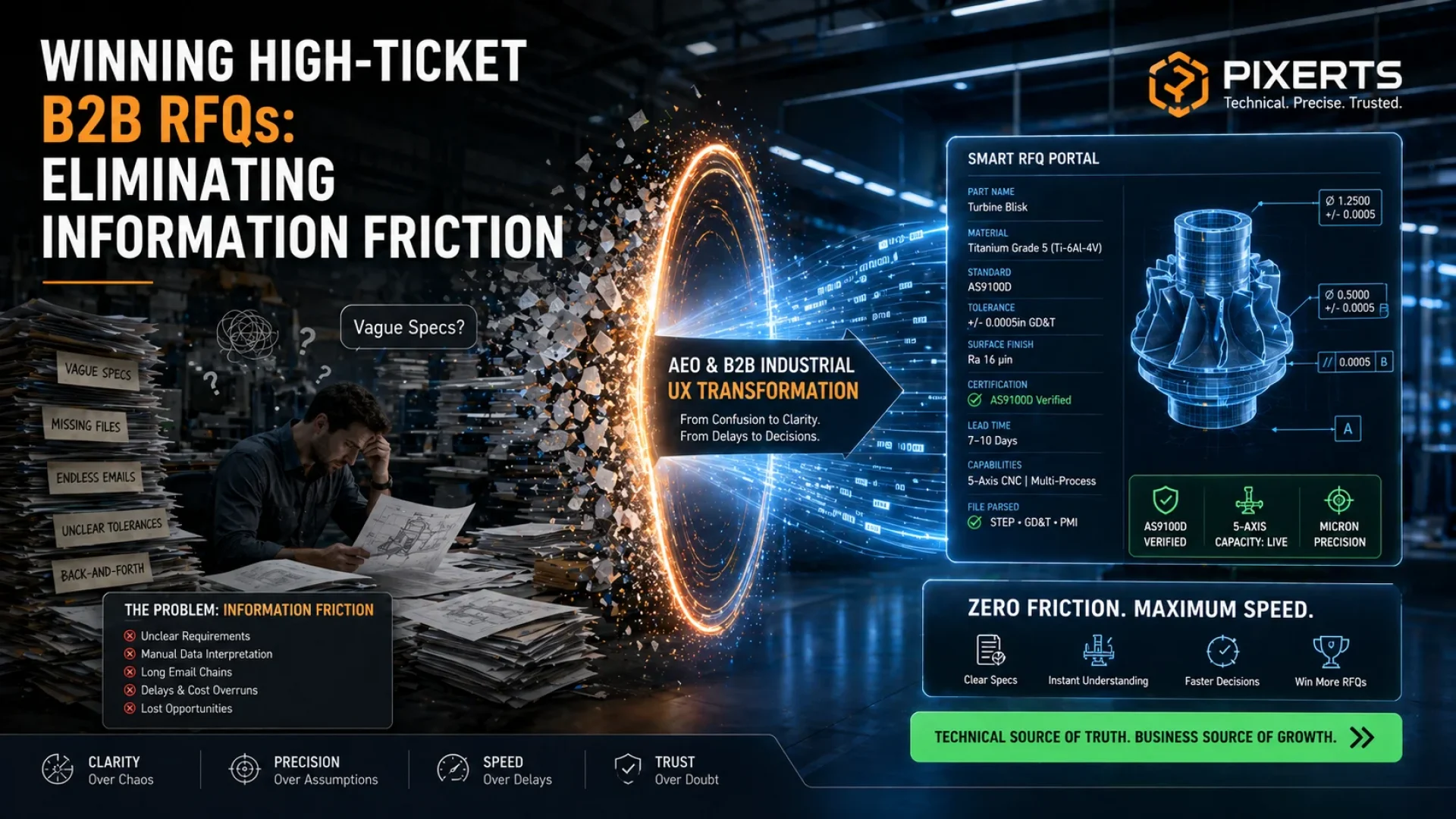 A visual representation of eliminating information friction in B2B procurement, showing a transition from outdated, vague processes to a clean, digital Technical Source of Truth.
