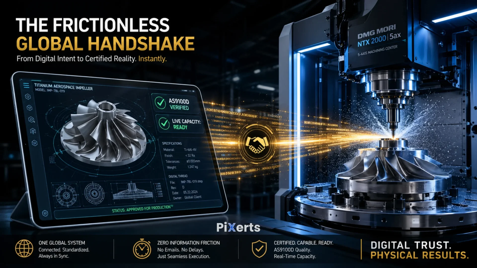 A sleek digital interface showing a 3D aerospace CAD model transmitting data directly to a 5-axis CNC machine, illustrating the elimination of Information Friction in global CNC Machining Contracts.