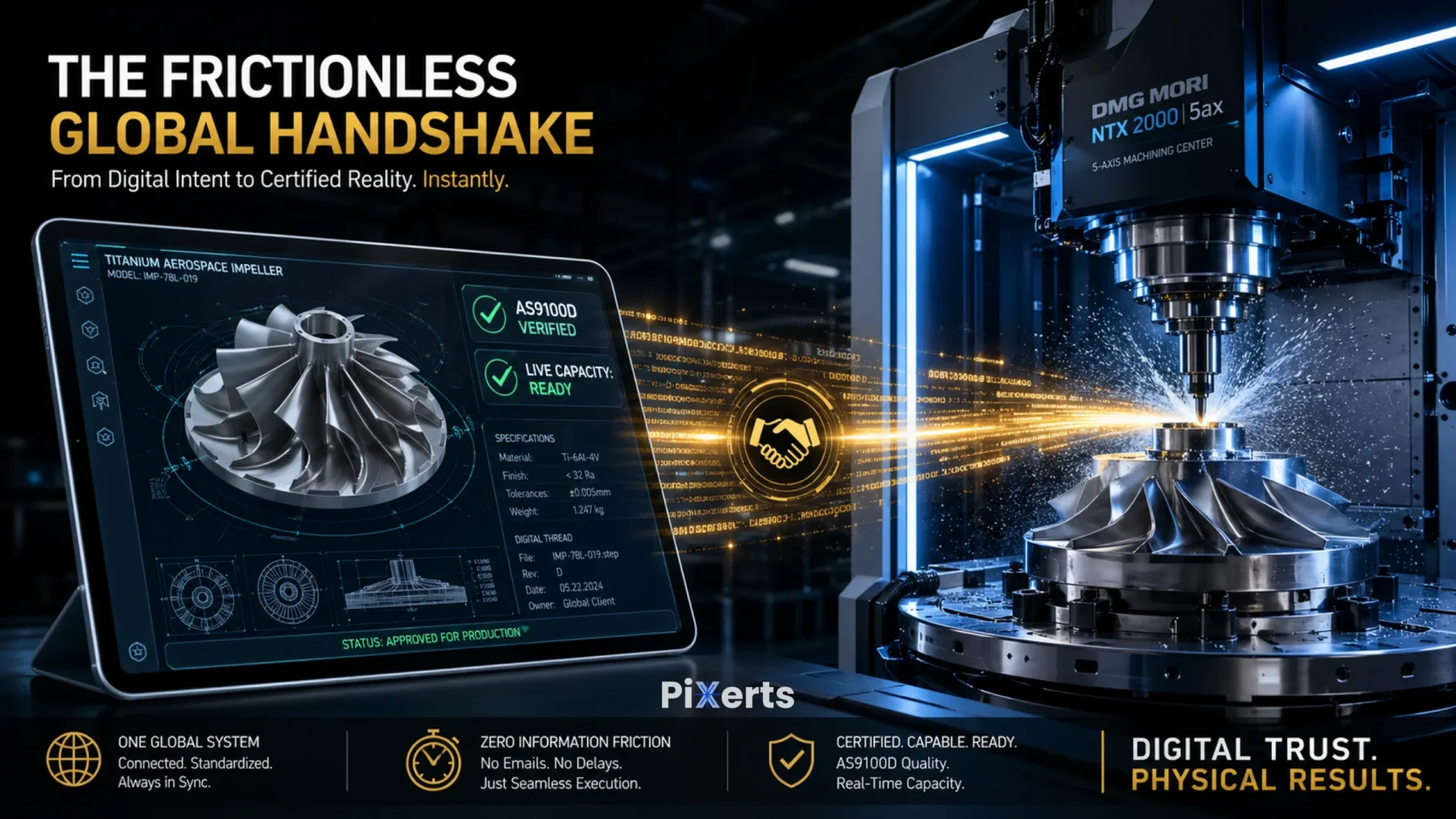 A sleek digital interface showing a 3D aerospace CAD model transmitting data directly to a 5-axis CNC machine, illustrating the elimination of Information Friction in global CNC Machining Contracts.