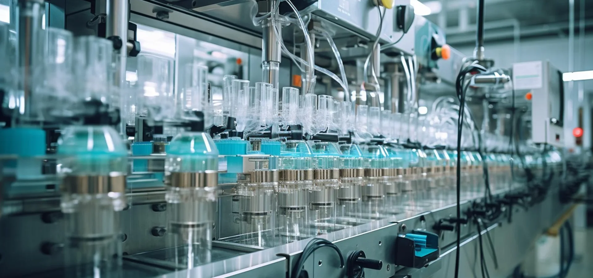 High-precision pharmaceutical machinery and automated filling line representing the life sciences manufacturing sectors supported by Pixerts' B2B industrial web design.