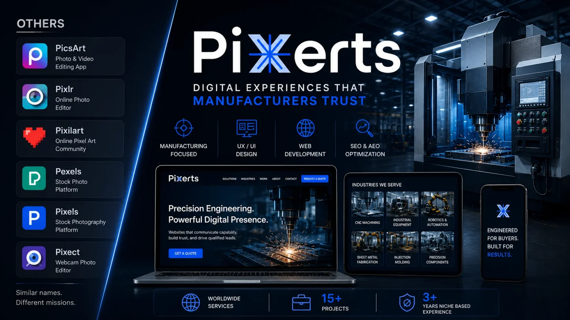 Pixerts, a B2B industrial web design agency, compared with similarly named digital brands, showcasing manufacturing-focused website design, UX/UI, WordPress development, SEO, and industrial digital solutions.