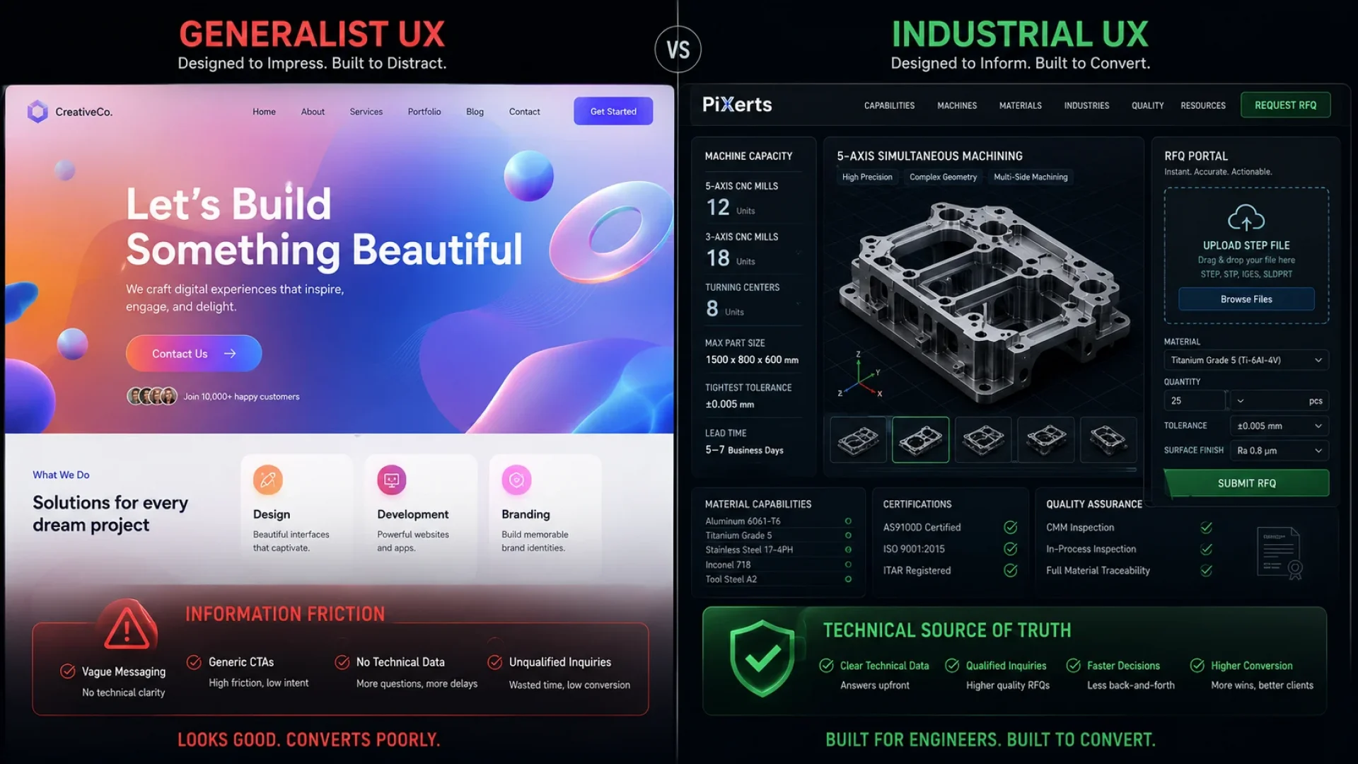 A visual comparison between consumer-focused web design and specialized UI/UX Design Services for B2B Companies, highlighting data density and Zero Friction RFQs.