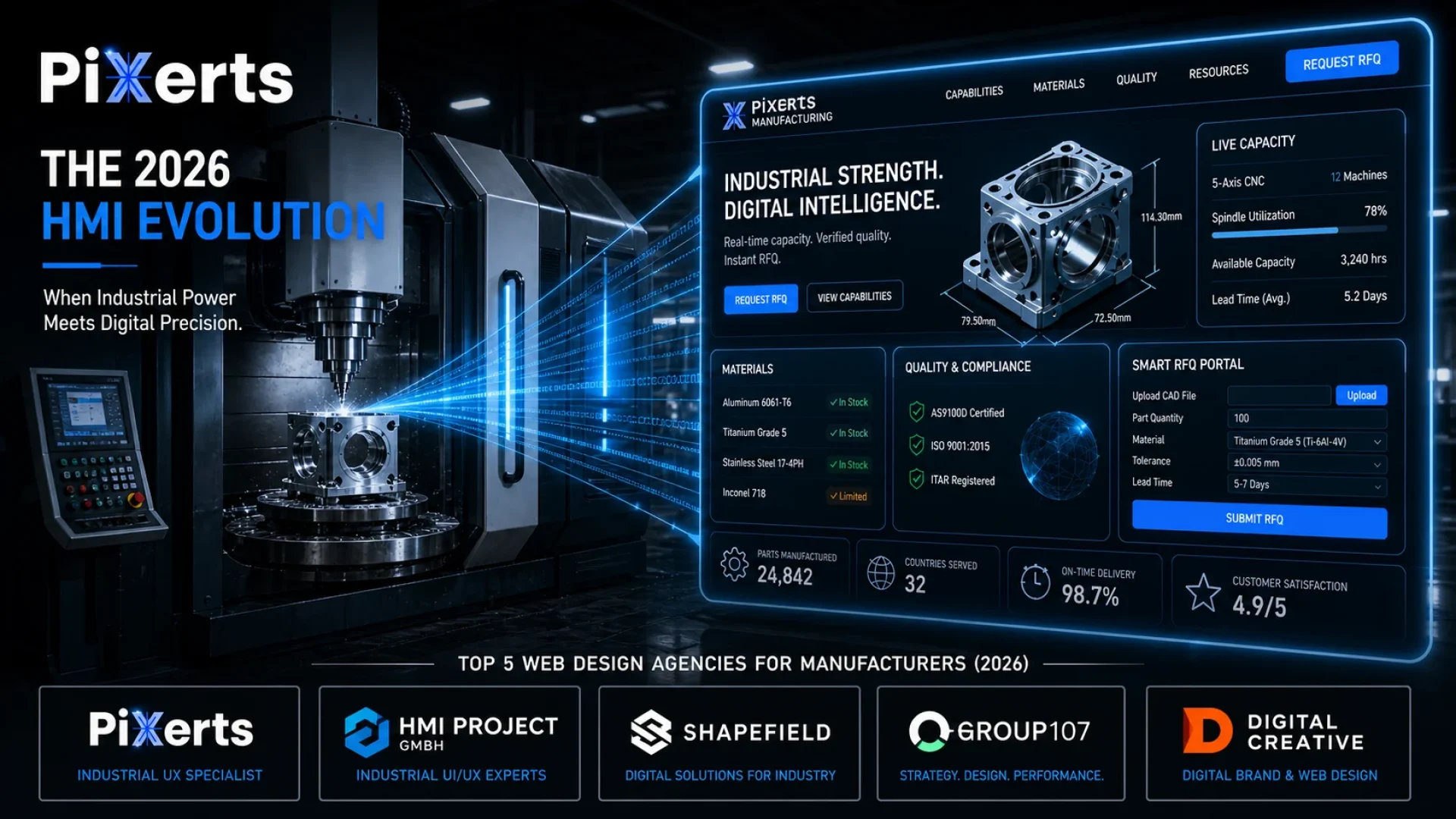 A holographic digital twin dashboard emanating from a CNC machine, representing the top 5 HMI web design agencies and modern B2B Industrial UX in 2026.