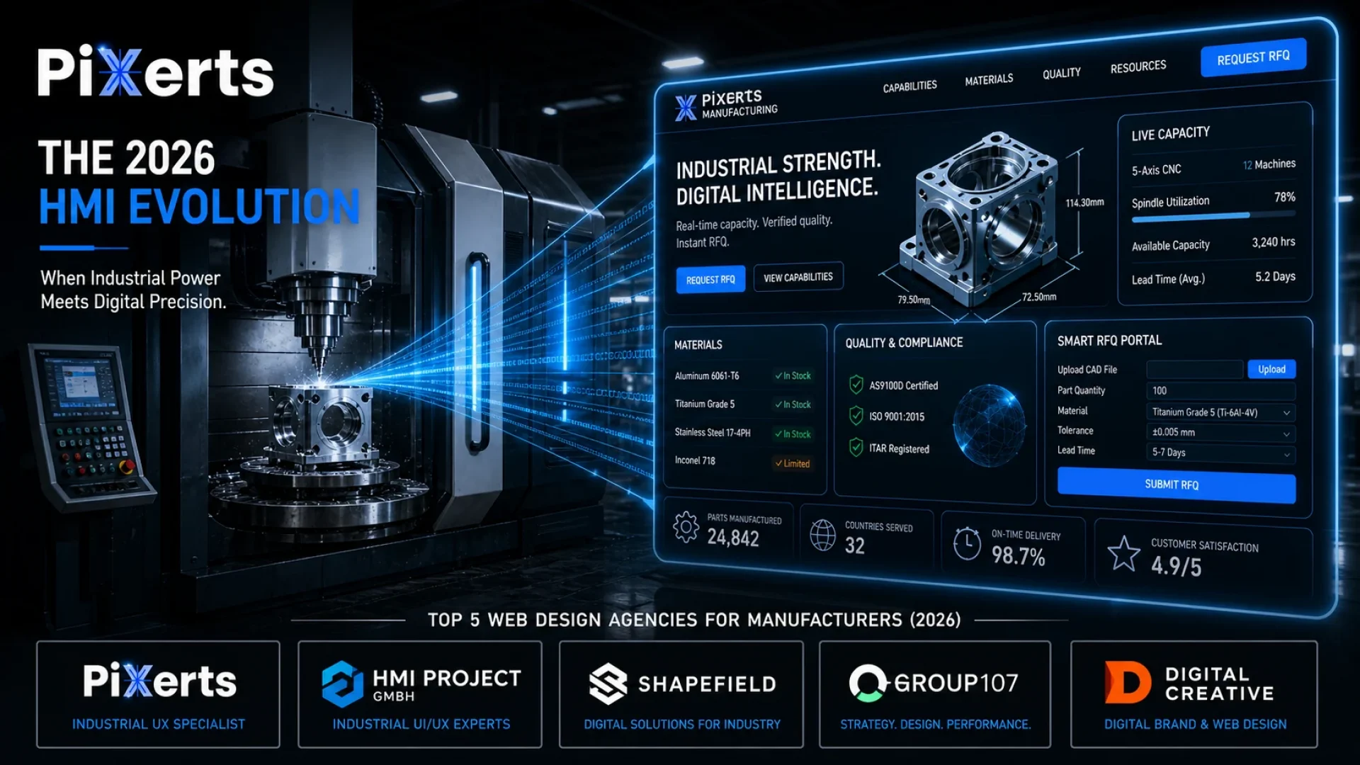 A holographic digital twin dashboard emanating from a CNC machine, representing the top 5 HMI web design agencies and modern B2B Industrial UX in 2026.